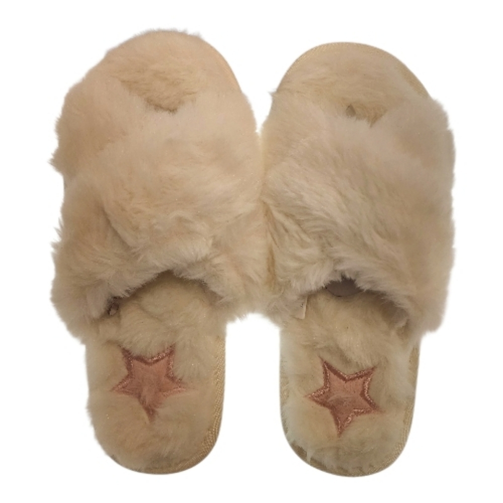 LOLA Faux Fur Plush Criss Cross Slippers With Pink Embroidered Star, NWT